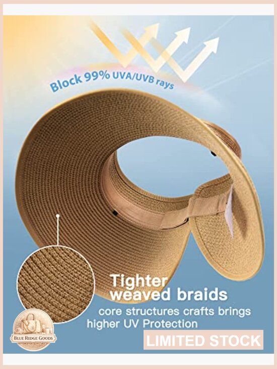 Wide Brim Straw Sun Hat with Ponytail Opening UV Protection Foldable Beach main image 7